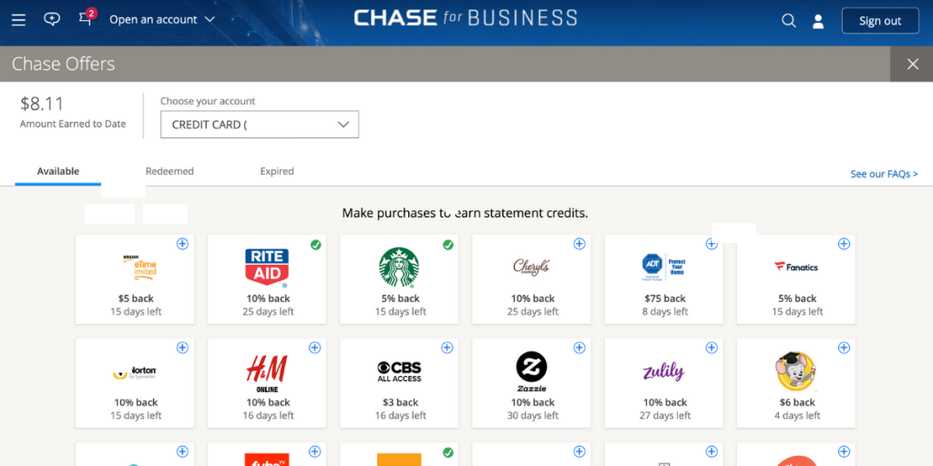 Chase Offers Menu