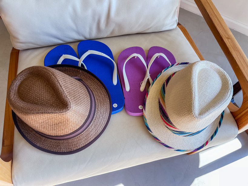 His and hers hats and flip flops provided by the Andaz Costa Rica