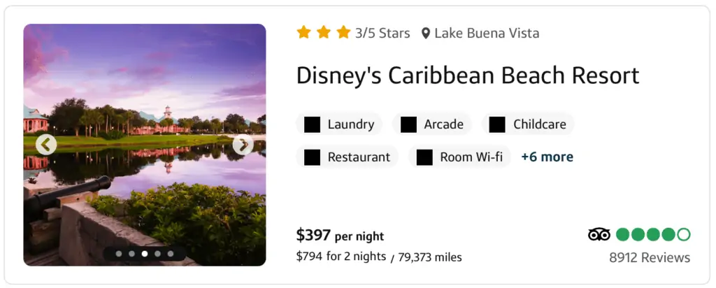 Disney's Caribbean Beach hotel bookable with points on Capital One travel portal