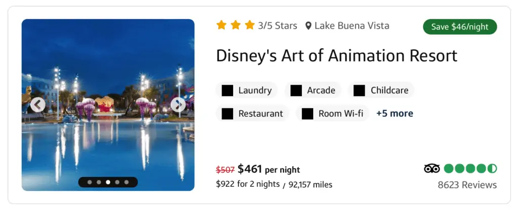 Disney's Art of Animation hotel listing available to book with points on Capital One travel portal
