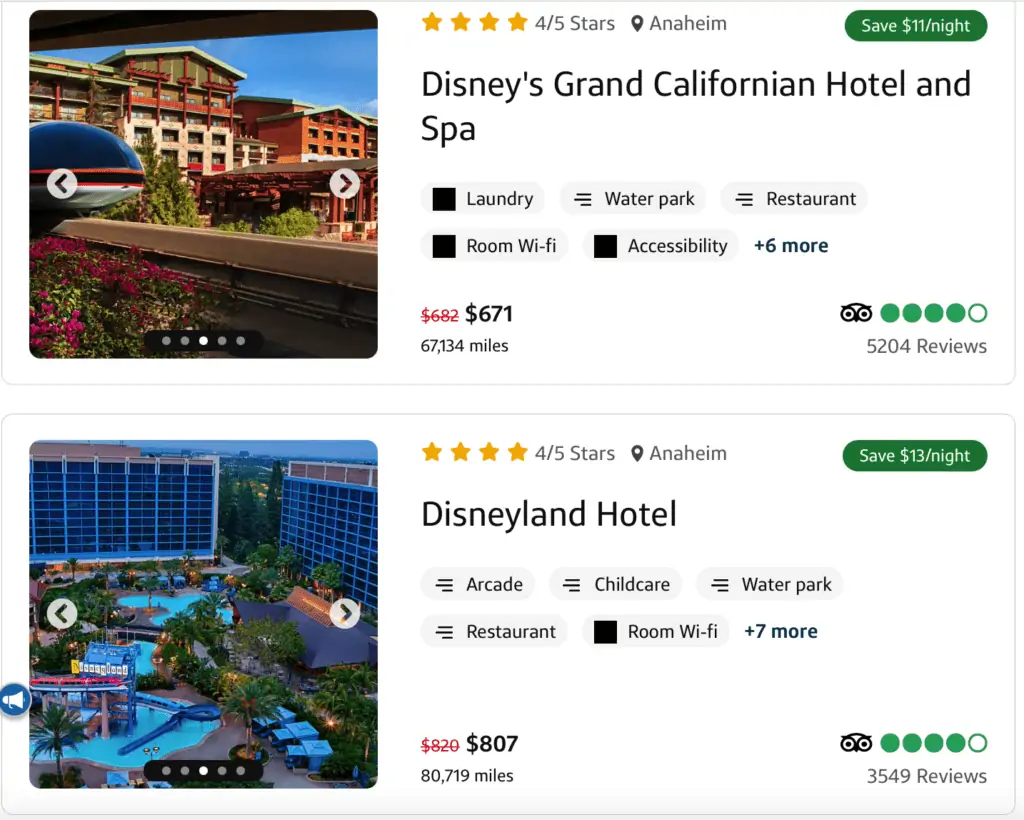 DisneyLand hotels available to book on the Capital One portal