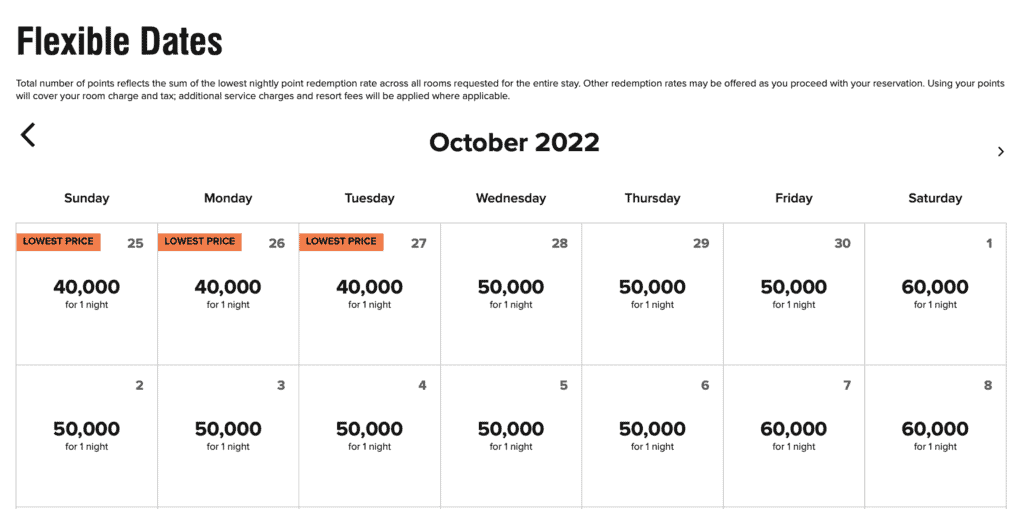 Disney World Swan points calendar on Marriott Bonvoy website