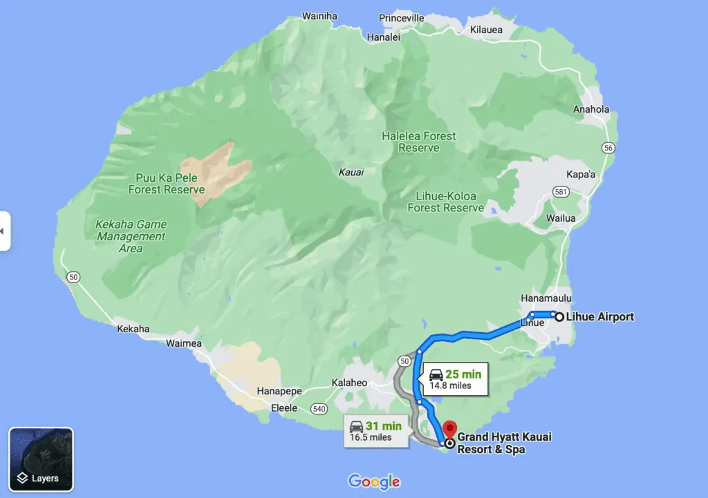 map of Kauai showing Grand Hyatt Kauai and Lihue airport