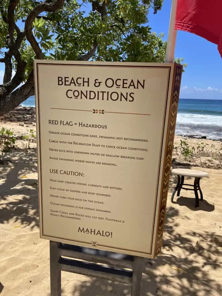 grand hyatt kauai beach and ocean conditions sign