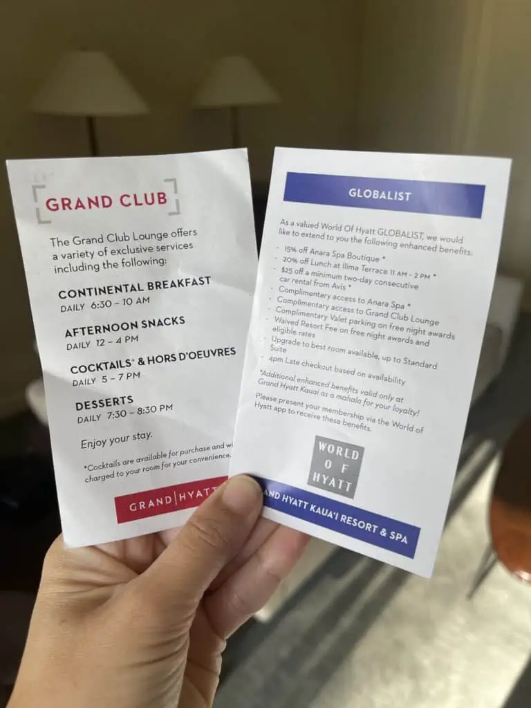 list of Globalist benefits at Grand hyatt kauai in Hawaii.