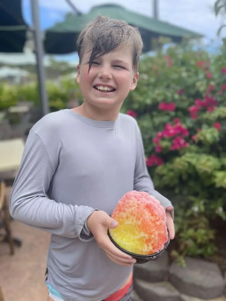Little boy with bowl of Shave Ice from Grand Hyatt Kauai