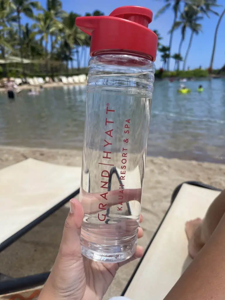 Complimentary water bottle given to guests at Grand Hyatt Kauai.