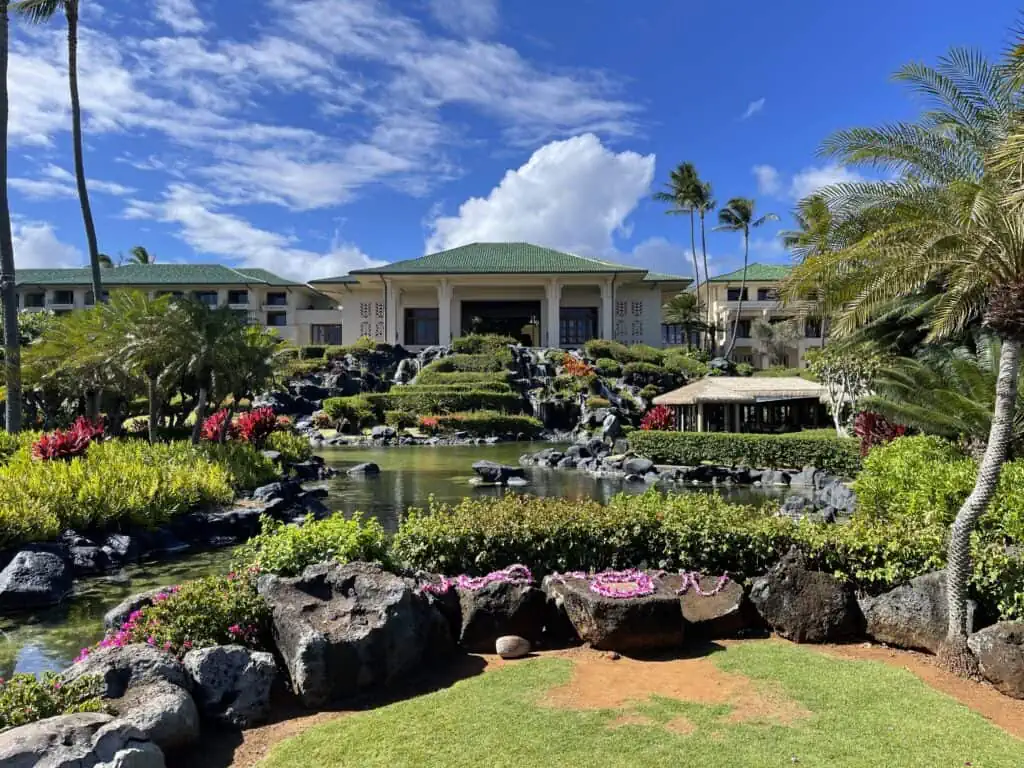 Grand Hyatt Kauai view of lobby from beach.