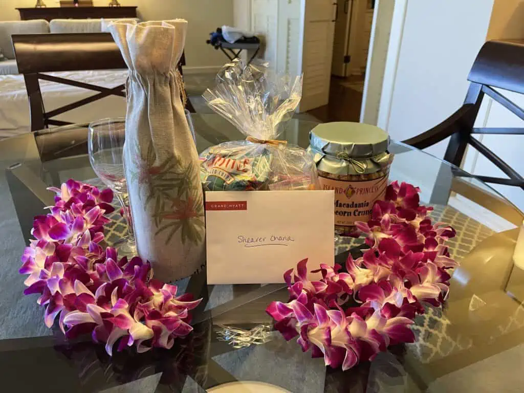 Welcome gift left in garden view standard suite at Grand Hyatt Kauai.