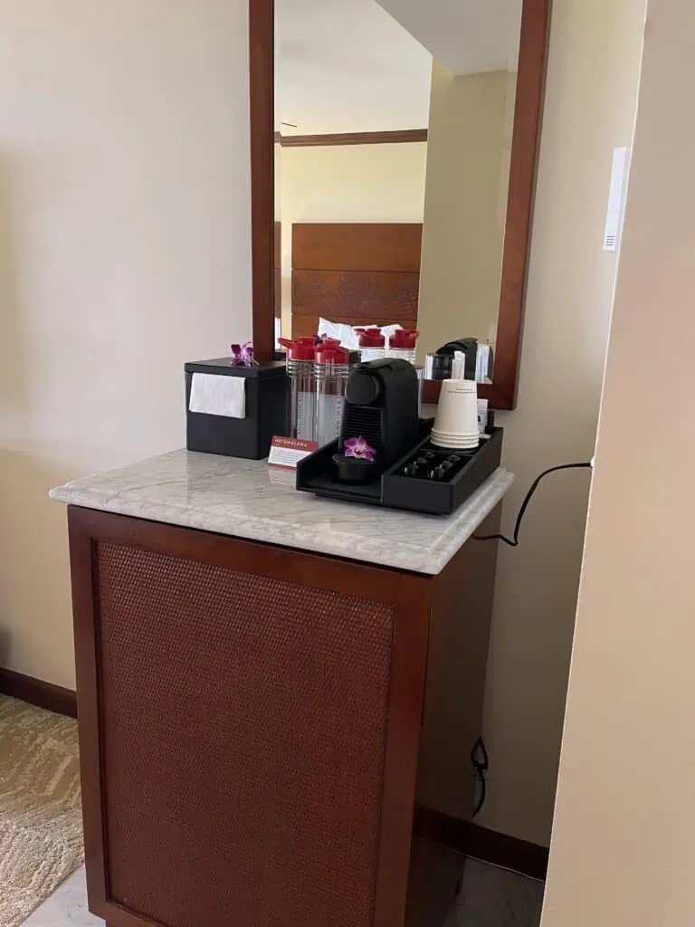 Mini fridge in standard room at Grand Hyatt Kauai resort in Poipu, Kauai