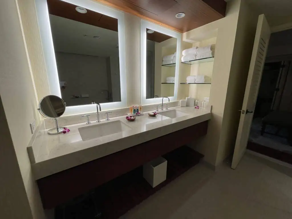 Vanity and mirror in standard suite upgrade at Grand Hyatt Kauai
