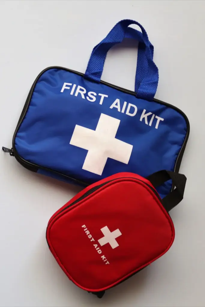 Blue and red first aid bags.