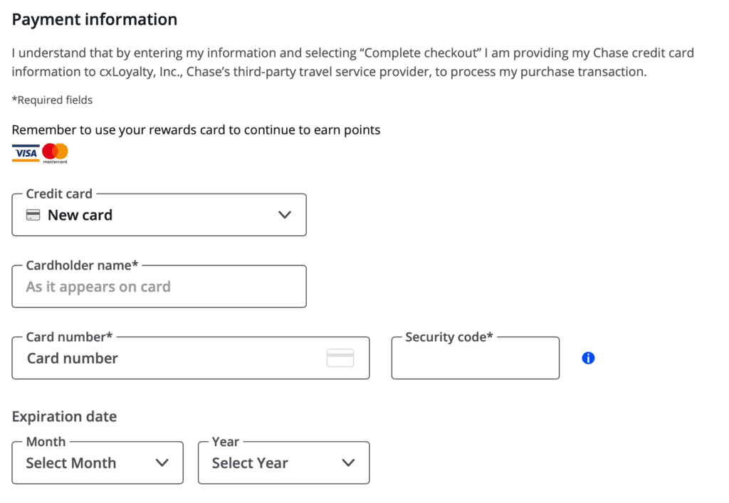 Chase Travel payment information screen.