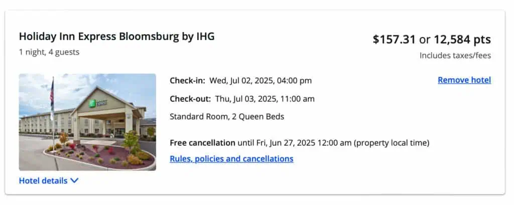 Hotel search result on Chase Travel Portal.