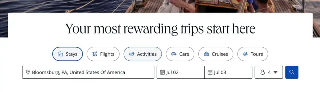 Chase travel portal search bar.