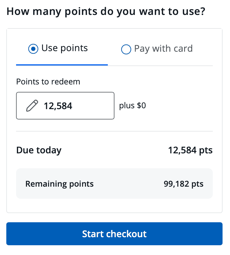 Chase Travel checkout screen paying with all points, no cash.