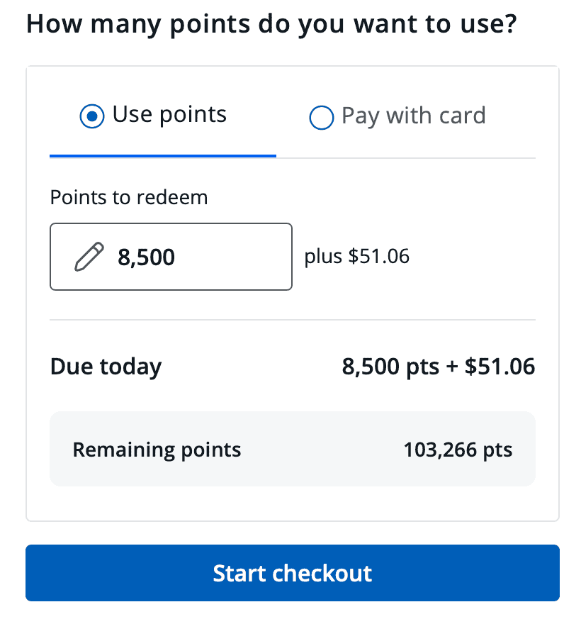 Chase Travel checkout screen paying with some points, some cash.