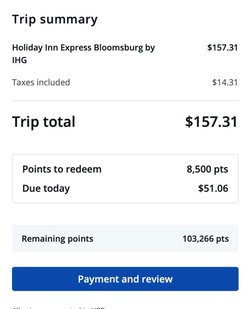 Chase Travel final checkout screen