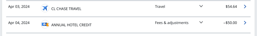 $50 hotel credit posted to Sapphire Preferred statement.