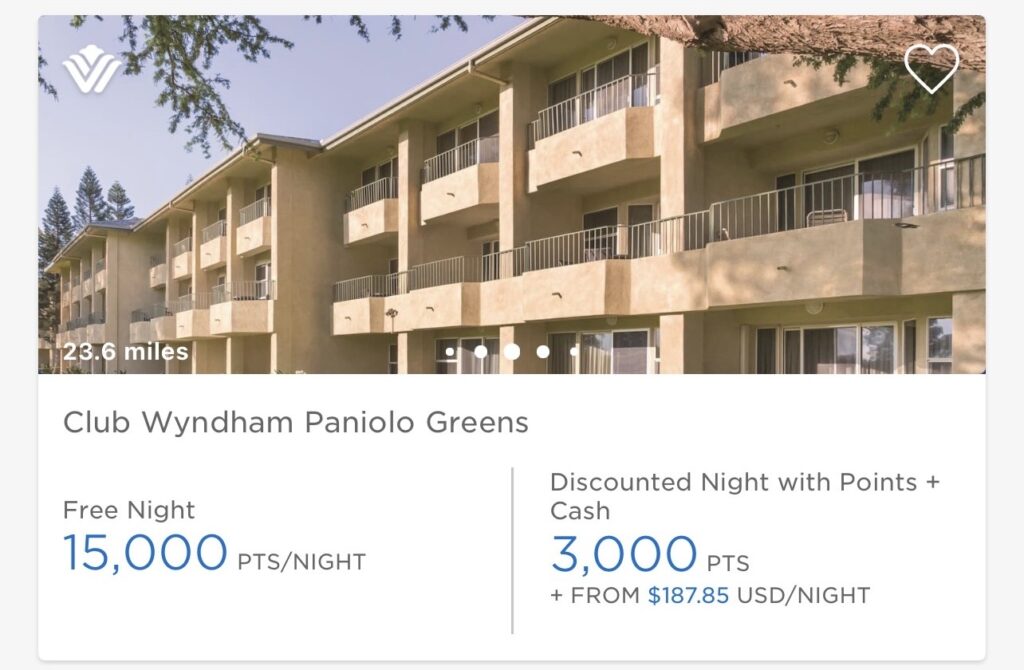screenshot of points price per night booking club Wyndham paniolo greens with Wyndham points.