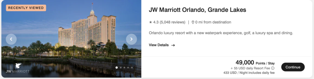 screenshot of award pricing at JW Marriott Orlando Grande Lakes.