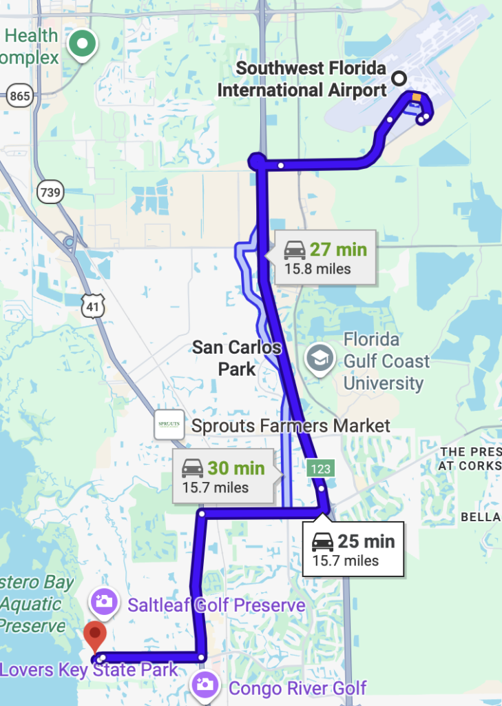 Screenshot of google maps showing route from RSW airport to Hyatt Regency Coconut Point