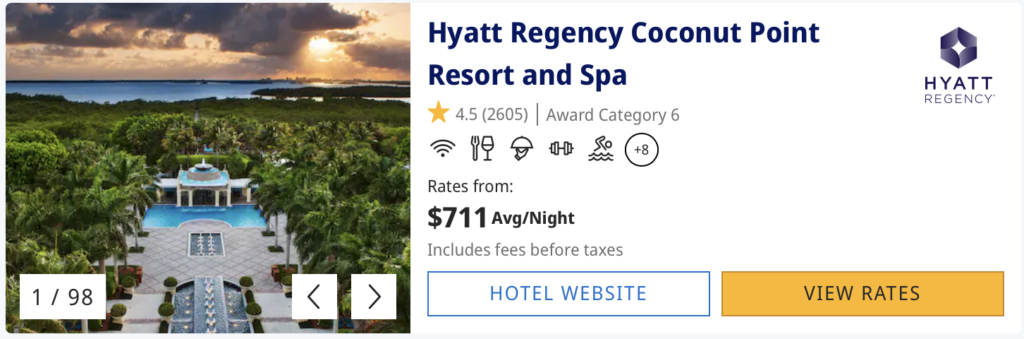 Screenshot of cash price for Hyatt Regency Coconut Point