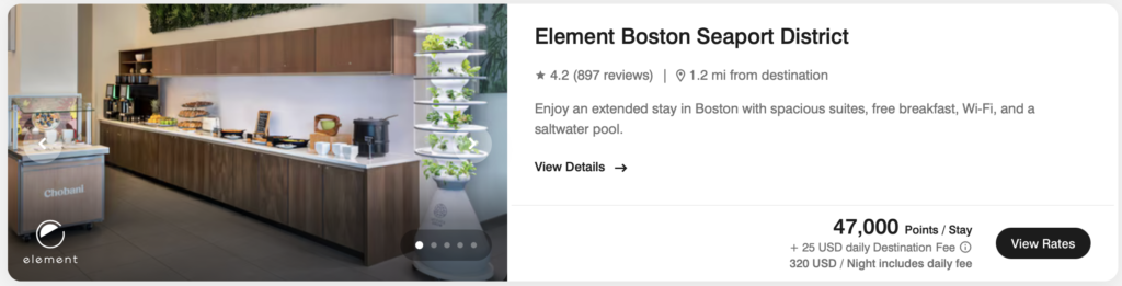 screenshot of award pricing at Element Boston Seaport District
