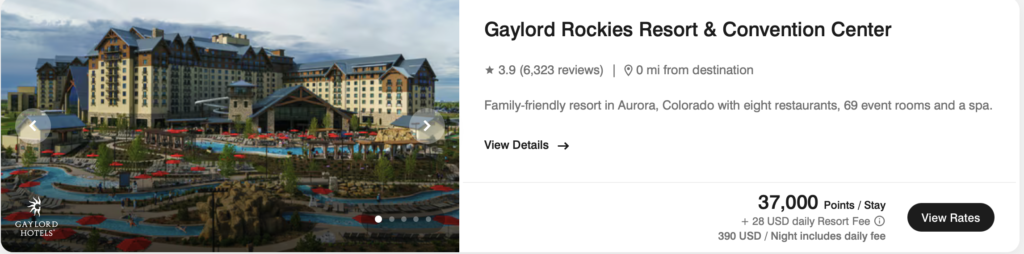 screenshot of award pricing at Gaylord Rockies