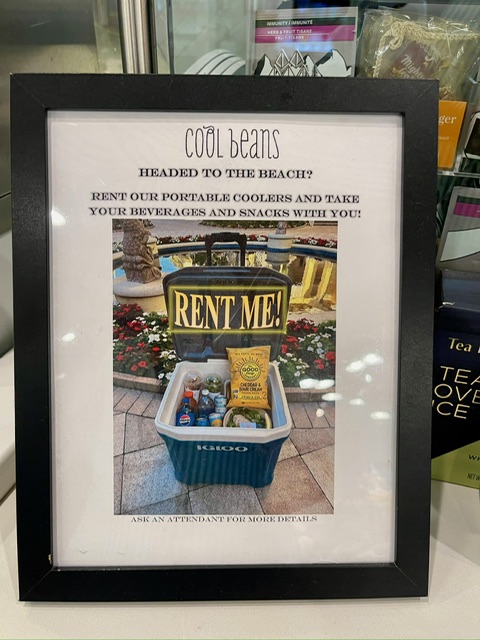 Cooler rental sign in Cool Beans Marketplace at Hyatt Regency Coconut Point.