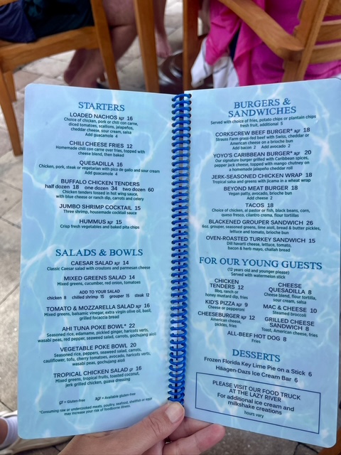 Corkscrew bar food menu at Hyatt Regency Coconut Point.