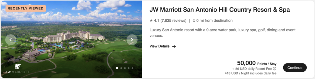 screenshot of award pricing at JW Marriott San Antonio Hill country.