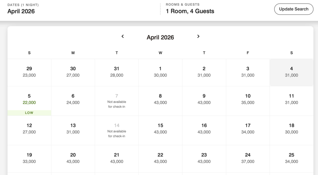 Screenshot of Marriott award calendar for a property in April 2026 showing prices per night.