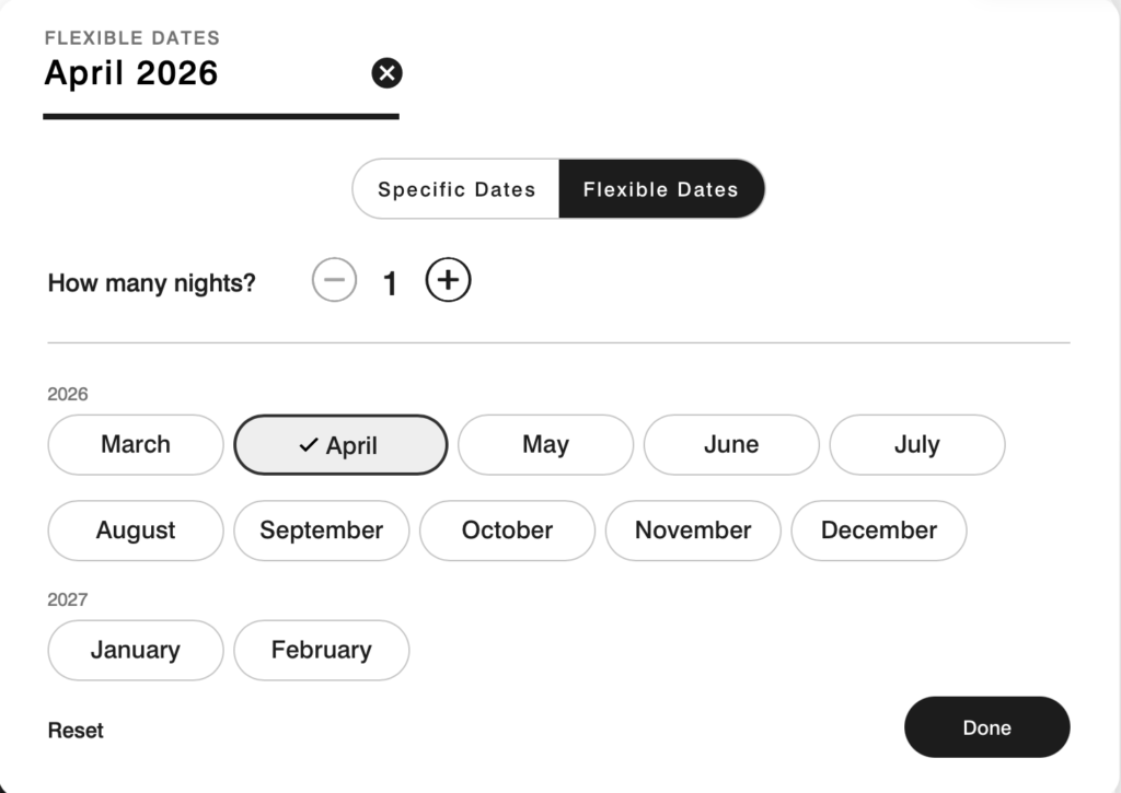 screenshot of search field on Marriott Bonvoy website showing specific dates and flexible dates options.