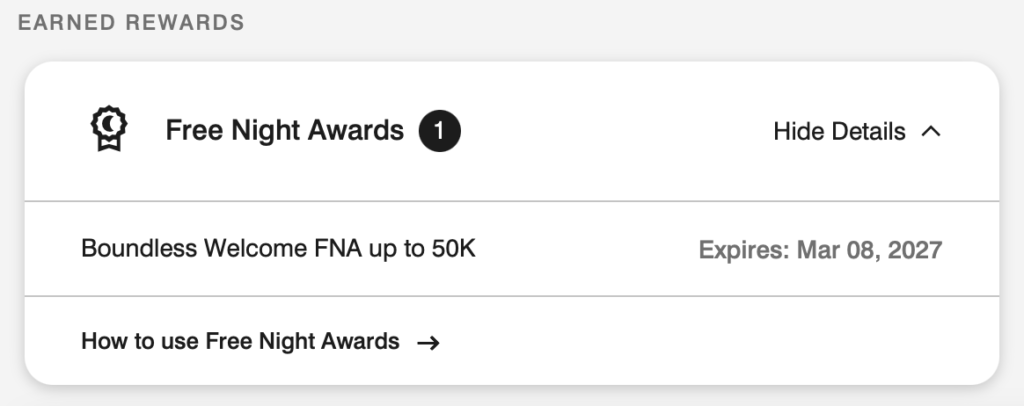 Screenshot from marriott website showing a 50k free night award and its expiration date.