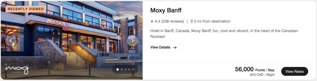 screenshot of award pricing at Moxy Banff.
