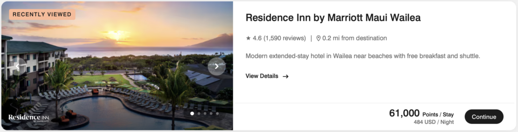 screenshot of award pricing at Residence Inn Maui Wailea
