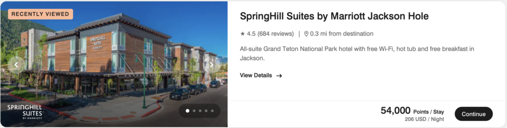 screenshot of award pricing at SpringHill Suites by marriott Jackson Hole