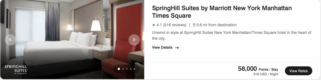 screenshot of award pricing at SpringHill suites in times Square