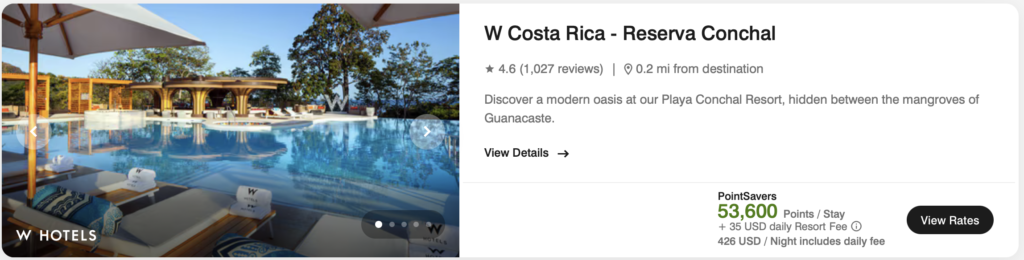 screenshot of award pricing at W Costa Rica resort.