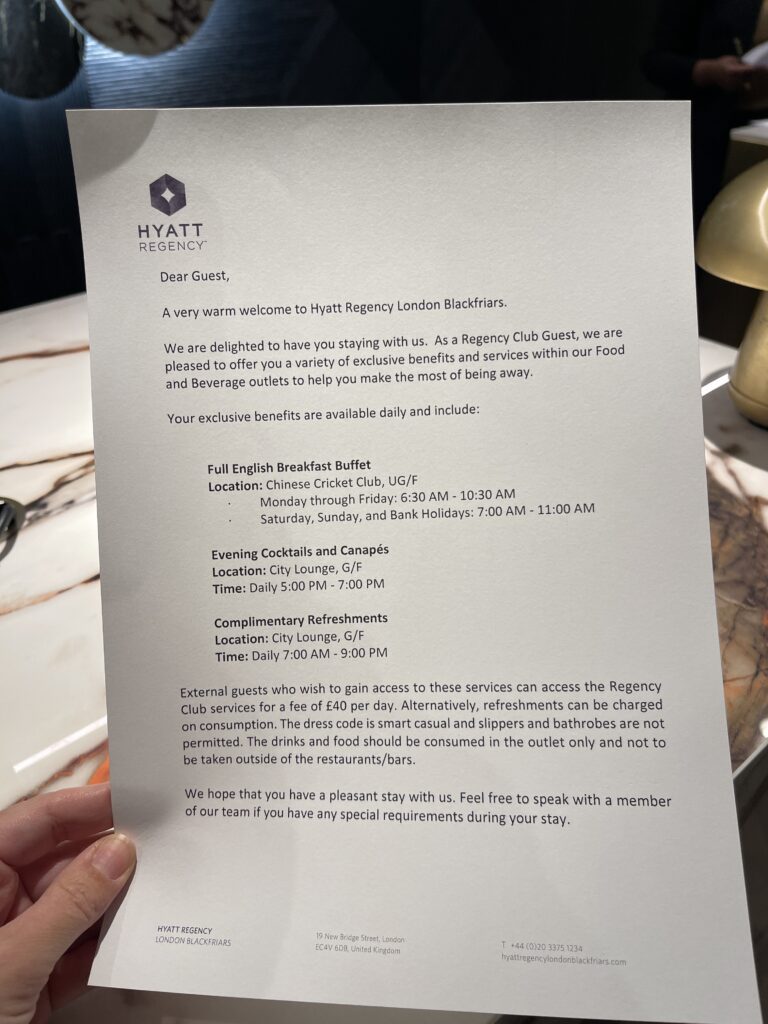 List of Hyatt Globalist benefits at Hyatt Regency London Blackfriars
