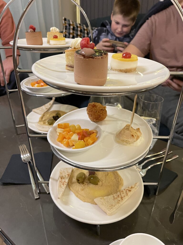 Tray of canapés in Hyatt Regency London Blackfriars club lounge.
