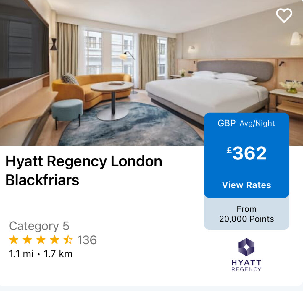 Screenshot from Hyatt app of Hyatt Regency London Blackfriars points price vs cash rate.