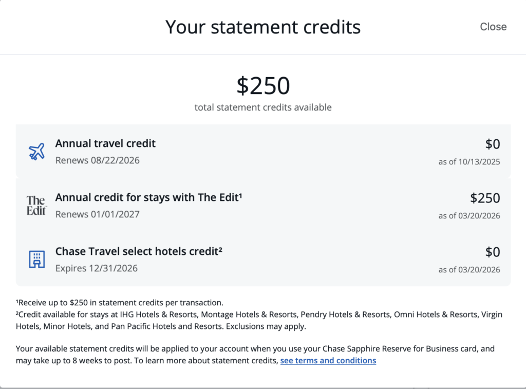 Screenshot of available Chase hotel credits on the Chase Sapphire Reserve card.