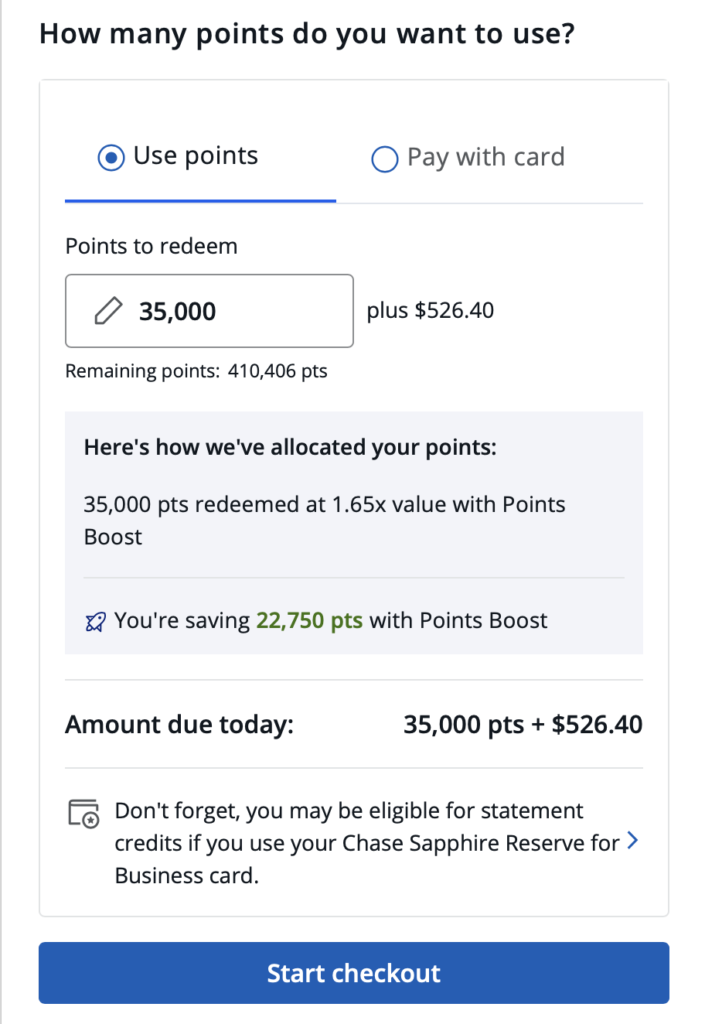 screenshot of chase travel checkout showing points used and out of pocket cost.