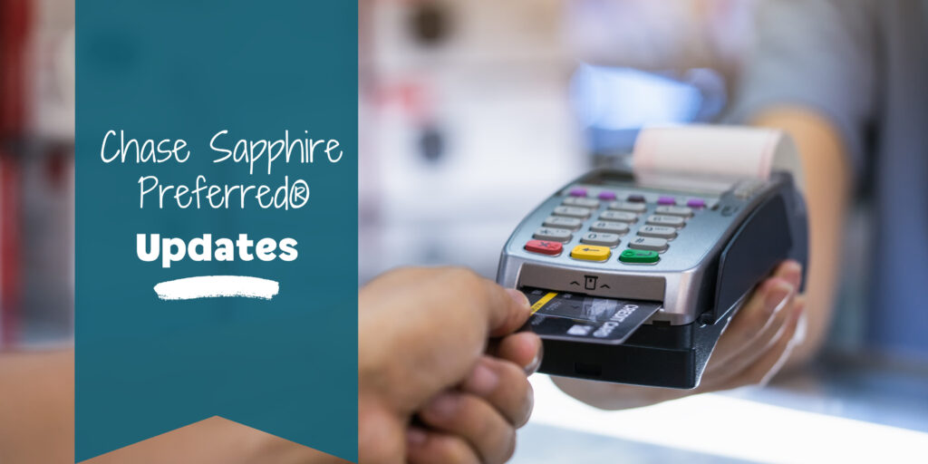 Blog post banner with credit card reader and hand holding credit card. Text reads "Chase Sapphire Preferred Updates."