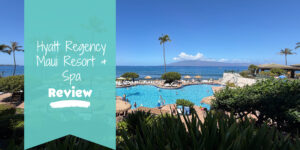 Blog post banner with photo of Hyatt Regency Maui pool and text that reads "Hyatt Regency Maui Resort & Spa Review"
