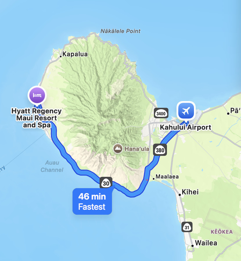 Map of directions from Maui airport (OGG) to Hyatt Regency Maui