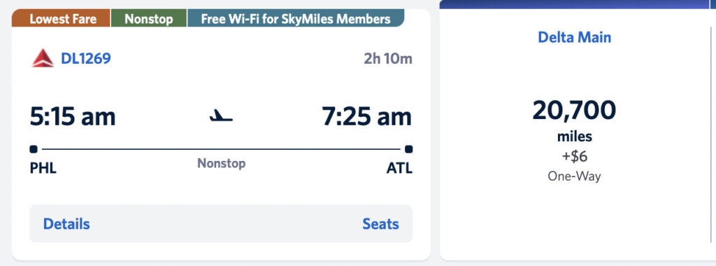 Screenshot of flight itinerary and award flight price on Delta website.