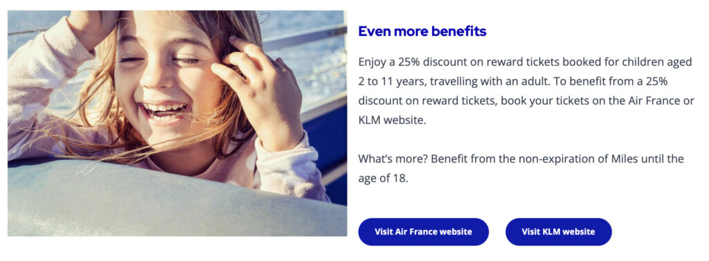 photos of young girl and screenshot from Flying Blue website describing child discount benefit on award flights.